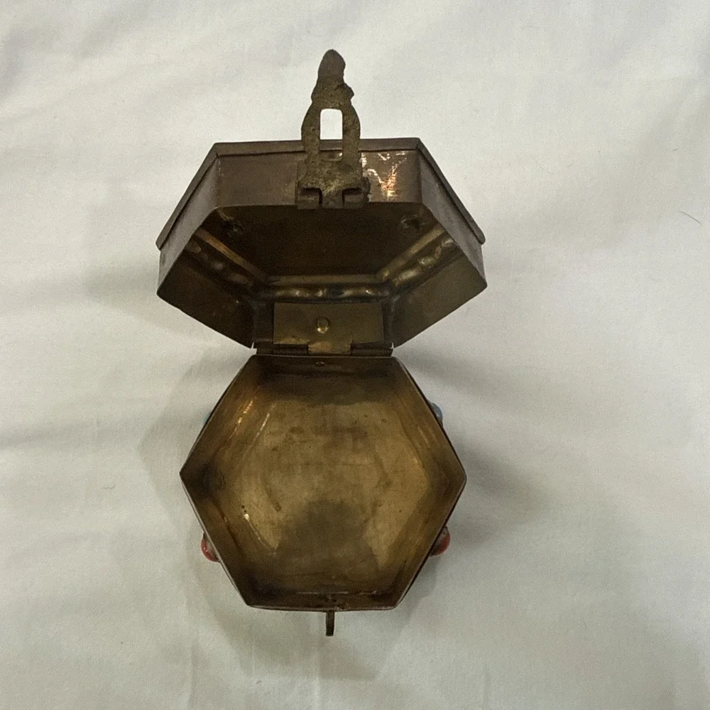 Vintage India  Shahid Brass Trinket Box With Blue Orange Gem‎ Stones